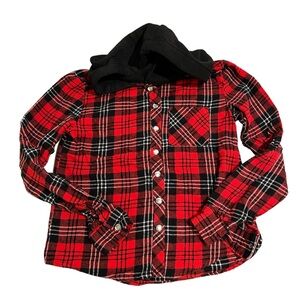 Stella Tweed Girls Red Black Plaid Flannel Hoodie Shirt Jacket Size M - Preloved